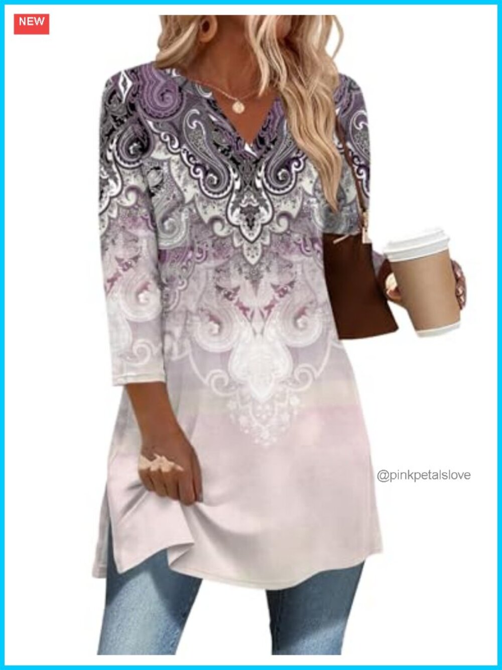 3/4 Sleeve V-Neck Tunic with Side Slits
